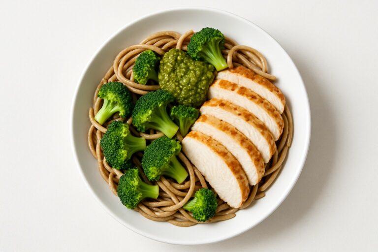 Balanced dinner plate with vegetables protein and grains